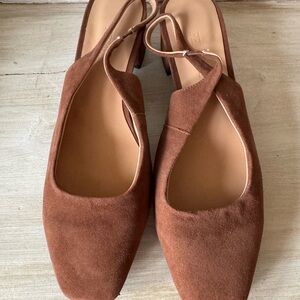 Womens Slip-On Slingback Square Toe Brown Suede Chunky Heel Pumps Size 9.5